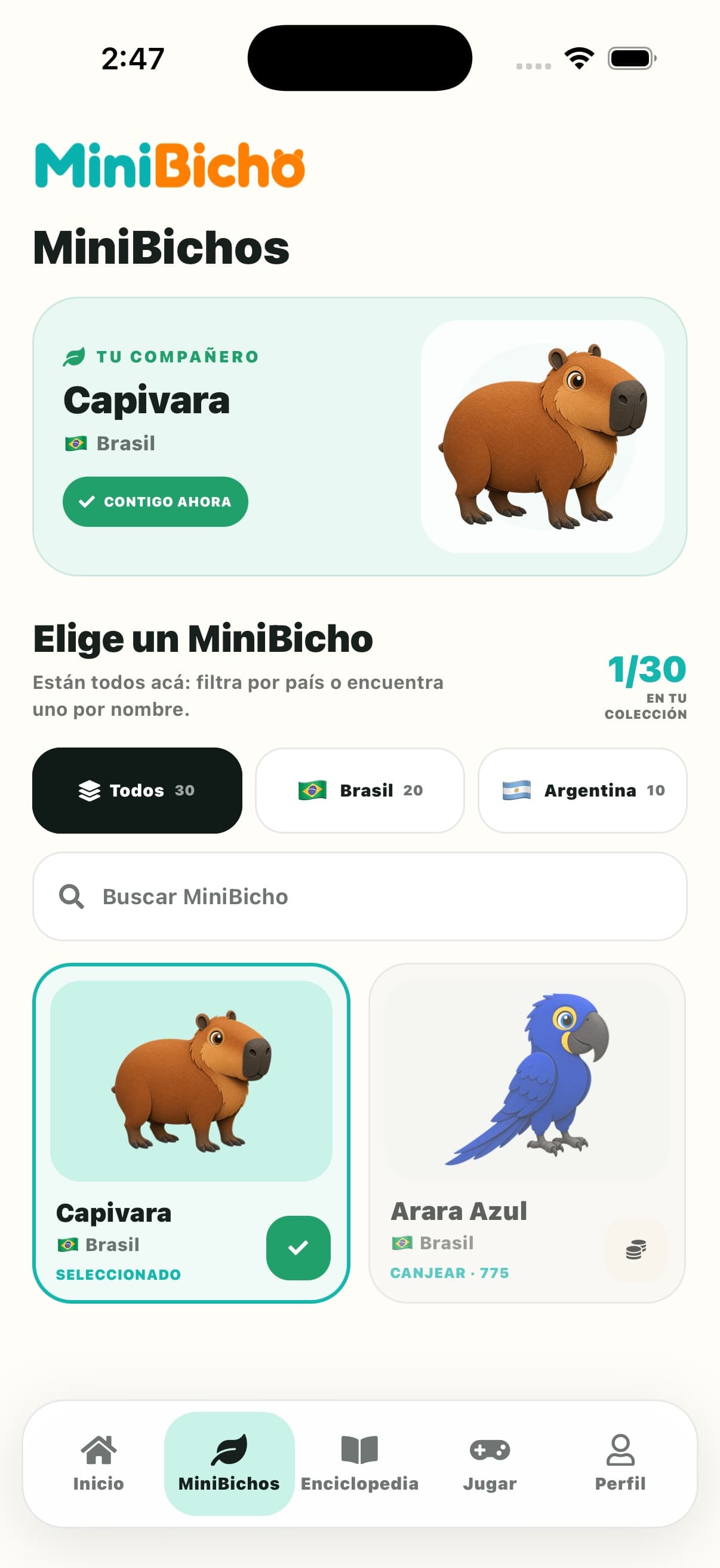 Captura do app: Seleção de espécies